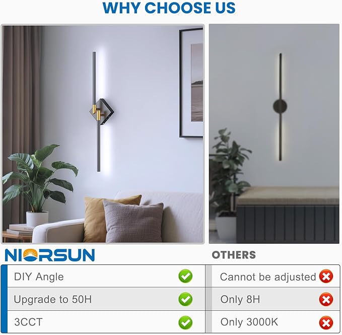 NIORSUN 28 Inch Battery Operated Wall Sconce Set of 2, Black-Gold Rechargeable Wall Lights with DIY Independently Rotatable Tube, 3CCT Dimmable Wireless Wall Sconces for Living Room Bedroom Hallway