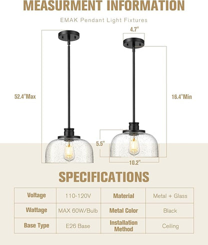 Emak Modern Black Pendant Light, 10 Inch Large Pendant Lights Kitchen Island with Seeded Glass Shade, Farmhouse Kitchen Island Lighting for Dining Room, Bathroom, Bar, PL131-BK-SG