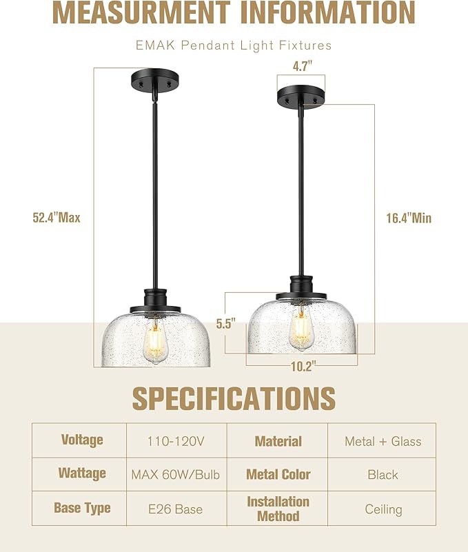 Emak 2 Pack Black Pendant Light Fixtures, 10 Inch Seeded Glass Pendant Lights Kitchen Island, Modern Farmhouse Island Lights for Kitchen, Dining Room, Bathroom, Bar, PL131-BK-SG-2PK
