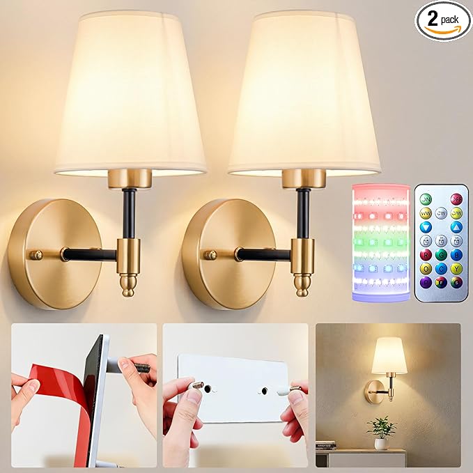 Nekhung Battery Operated Wall Sconces Set of 2, Wireless Wall Light with 10000mAh RGB Dimmable Magnetic Bulb, Rechargeable Wall Sconce with Remote Control for Bedroom Living Room