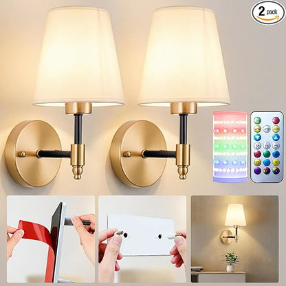 Nekhung Battery Operated Wall Sconces Set of 2, Wireless Wall Light with 10000mAh RGB Dimmable Magnetic Bulb, Rechargeable Wall Sconce with Remote Control for Bedroom Living Room