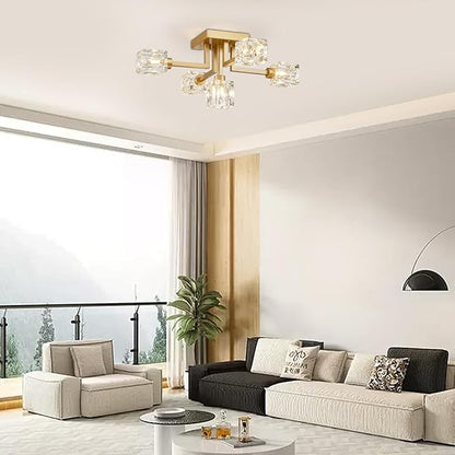 XINGQI Sputnik Chandelier Gold Modern Semi Flush Mount Ceiling Light Glass 5 Lights Farmhouse Lighting Fixtures for Dining Room Living Room Kitchen Bedroom