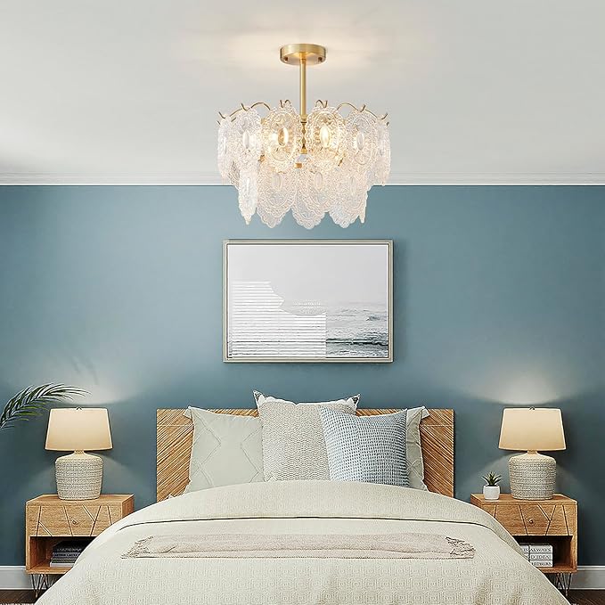 AGV LIGHTING Elegant Glass Chandelier Ceiling Light Fixture, Large Semi Flush Mount Ceiling Light, Modern Vintage Lighting for Bedroom, Living Room, D18 x H10, 2- Tier Shade & Brass Gold Finish