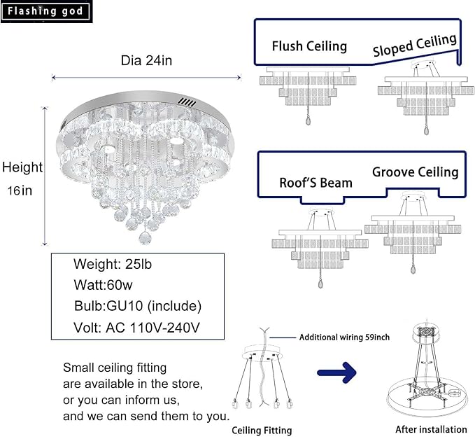 Flashing God W24inches Modern Chandelier for Dining Room Raindrop Crystal Chandelier Luxury Flush Mount Ceiling Light Fixture Ceiling Lamp for Hallway Bedroom Living Room Kitchen