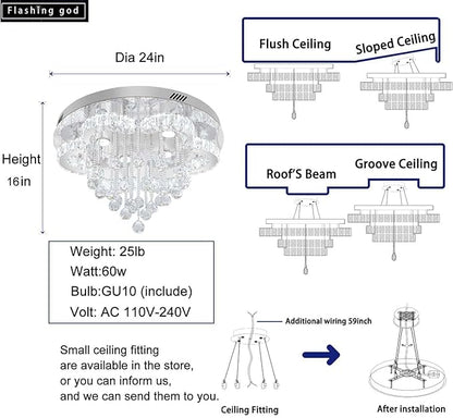 Flashing God W24inches Modern Chandelier for Dining Room Raindrop Crystal Chandelier Luxury Flush Mount Ceiling Light Fixture Ceiling Lamp for Hallway Bedroom Living Room Kitchen