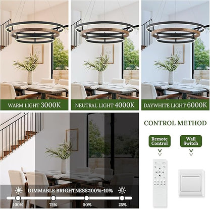 3 Ring LED Chandelier Black Round Chandelier Light Fixture Dimmable Farmhouse Foyer Chandeliers Light Wood-Printed Circular Chandeliers for Dining Room Entry Bedroom Office Living Room 24in