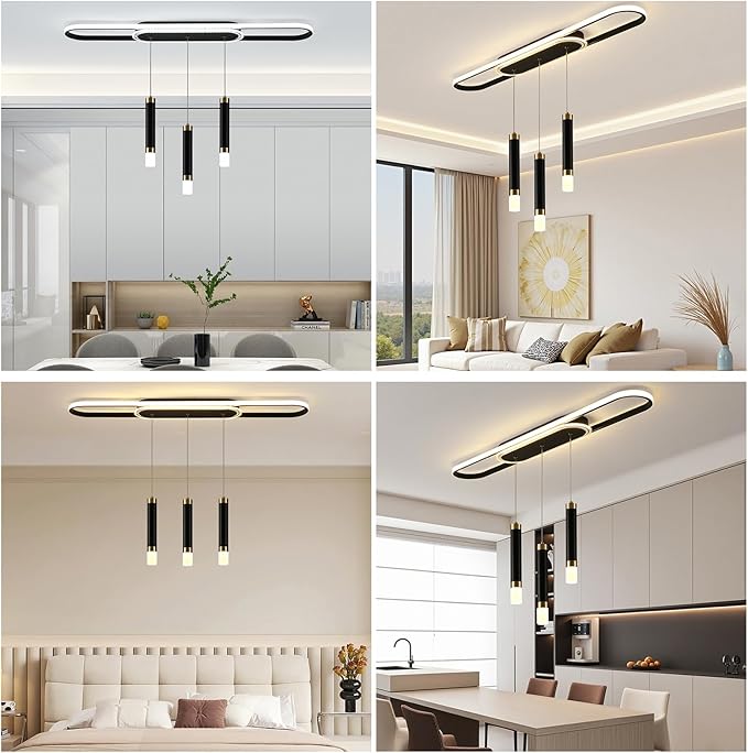 Jaycomey Modern LED Chandelier, Dimmable LED Ceiling Chandelier with Remote Control, 3-Light Acrylic Pendant Light for Dining Room, Kitchen Island, Living Room, 62W Black