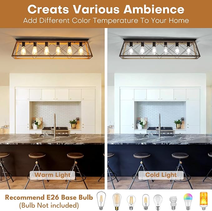 38” Large Flush Mount Ceiling Light Fixture, 6-Light Vintage Industrial Flush Mount Chandelier with Cage Design, Walnut Finish Farmhouse Lighting for Dining Room Kitchen Island Living Room Hallway