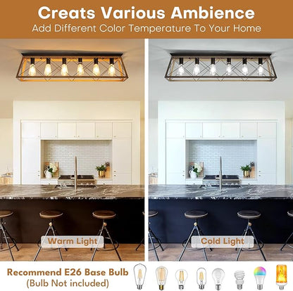 38” Large Flush Mount Ceiling Light Fixture, 6-Light Vintage Industrial Flush Mount Chandelier with Cage Design, Walnut Finish Farmhouse Lighting for Dining Room Kitchen Island Living Room Hallway