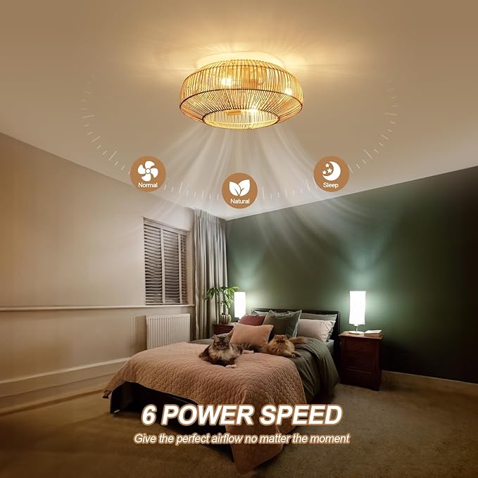20'' Boho Rattan Ceiling Fan with Light, Coastal Caged Ceiling Fans with Lights and Remote Control, Enclosed Hidden Flush Mount with Reversible 6 Speeds for Living Room Bedroom Nursery