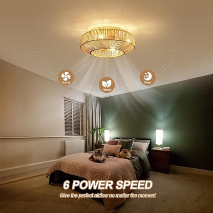 20'' Boho Rattan Ceiling Fan with Light, Coastal Caged Ceiling Fans with Lights and Remote Control, Enclosed Hidden Flush Mount with Reversible 6 Speeds for Living Room Bedroom Nursery