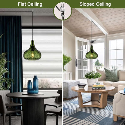 Vintage Plug in Pendant Light Fixture - Hammered Dark Green Glass Shade,Mid-Century Modern Plug in Hanging Pendant Lamp with 14.7 ft Cord for Living Room Corner Room Bedroom Farmhouse