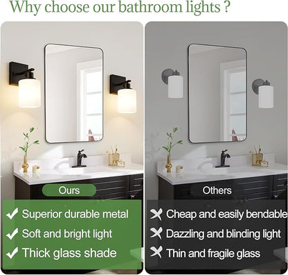 MOKATNG Set of 2 Wall Sconces for Bathroom,Black Modern Vanity Lights with White Glass Shade,Bathroom Wall Lamp for Mirror Kitchen Living Room Hallway Cabinet Porch