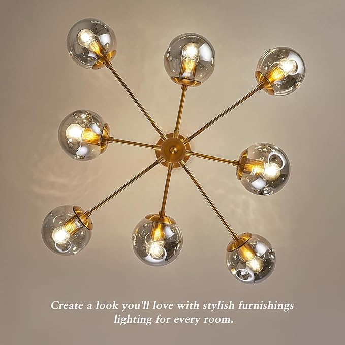 DDLLDESHI Gold Chandelier 8 Head Dining Room Light Fixture, Sliver Glass Globe Shade Kitchen Lights Modern Chandeliers (Ceiling Hanging Lighting Fixtures with Sputnik Pendant)