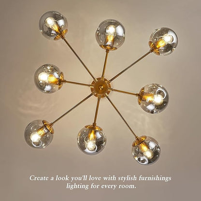 DDLLDESHI Gold Chandelier 8 Head Dining Room Light Fixture, Sliver Glass Globe Shade Kitchen Lights Modern Chandeliers (Ceiling Hanging Lighting Fixtures with Sputnik Pendant)