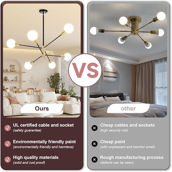 CANMEIJIA Modern Modern Sputnik Chandelier, Industrial Black Gold Ceiling Light Fixture,6-Light Pendant Light Fixture for Kitchen Island,Bedroom Dining Room Living Room
