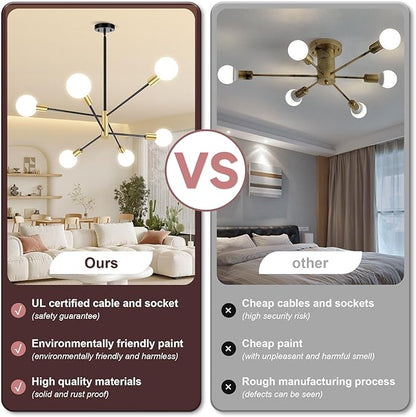 CANMEIJIA Modern Modern Sputnik Chandelier, Industrial Black Gold Ceiling Light Fixture,6-Light Pendant Light Fixture for Kitchen Island,Bedroom Dining Room Living Room