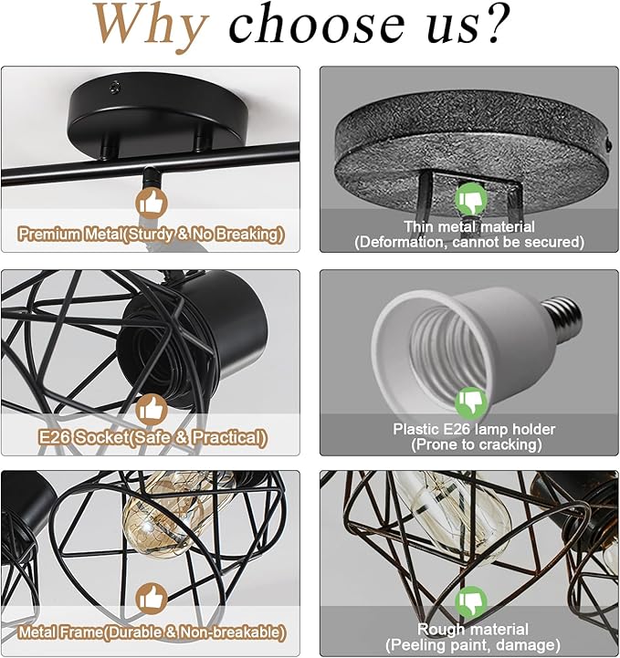 3 Lights Adjustable Multi-Directional Black Light Fixtures, Semi Flush Mount Ceiling Light, Kitchen Light Fixtures, Track Lighting Fixtures Metal Cage Industrial Spotlight Fixtures for Dining Room