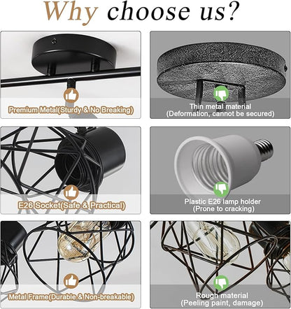 3 Lights Adjustable Multi-Directional Black Light Fixtures, Semi Flush Mount Ceiling Light, Kitchen Light Fixtures, Track Lighting Fixtures Metal Cage Industrial Spotlight Fixtures for Dining Room