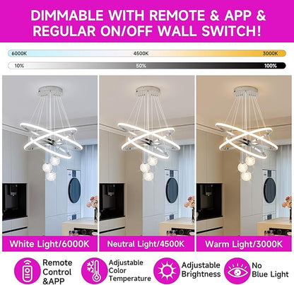 ORANOOR LED Modern 3 Ring Chandeliers for Dining Room, 24in Dimmable Kitchen Pendant Lamp, Silver Dining Room Light Fixtures Ceiling Hanging Over Table, Globe Round Chandeliers for Living Room, Chrome