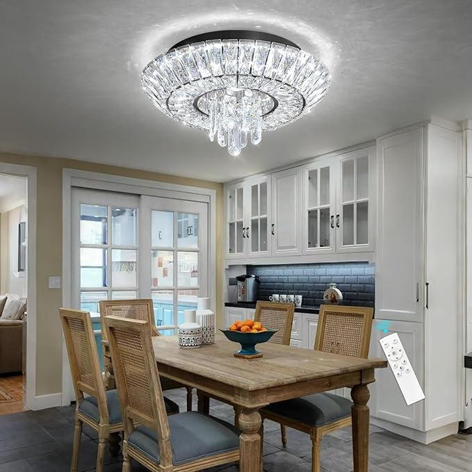 Crystal Chandelier 25W Modern Round Ceiling Light Fixture LED Raindrop Chandeliers Dimmable with Remote for Dining Room Living Room Entryway Hallway Bedroom Black