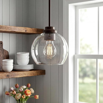 Pendant Lights Kitchen Island, 7" Oil Rubbed Bronze Hanging Lights Fixtures with Clear Glass Globe Shade, Modern Kitchen Island Lighting for Bathroom, AD-22280-1P-ORB