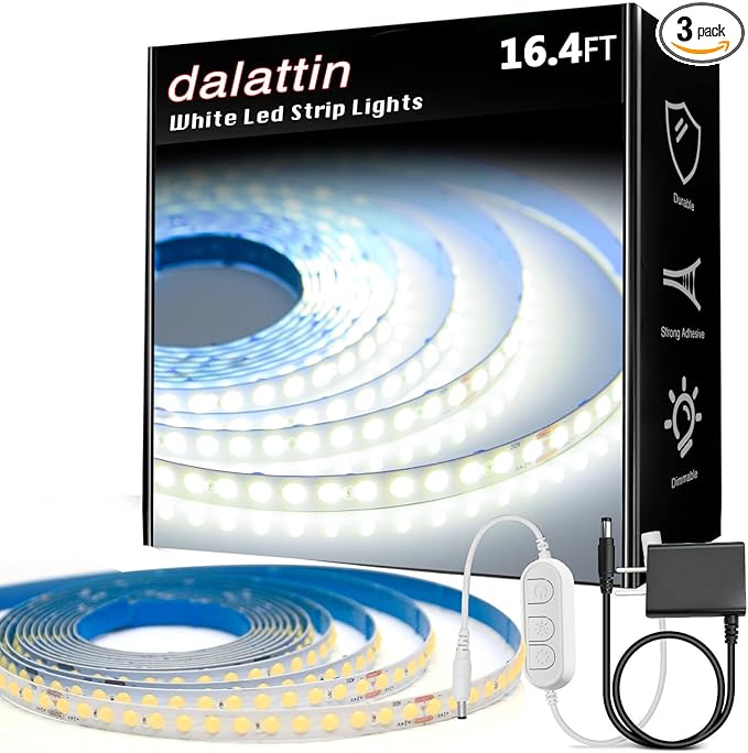 dalattin White COB LED Strip Lights, 16.4ft Dimmable Super Bright 24V Led Tape Light 6500K 1600 LEDs Daylight White Lights for Bedrooms, Mirror, Kitchen, Home Decoration