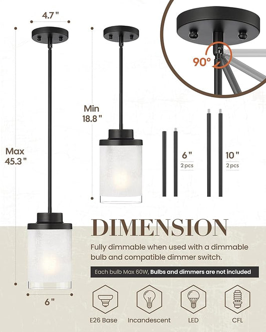 TENGXIN Modern Pendant Light, 6-in Matte Black Pendant Lights Kitchen Island,Farmhouse Pendant Lighting for Dining Room Bedroom Bar Office 2Pack,TXPLBK01-2PK-L