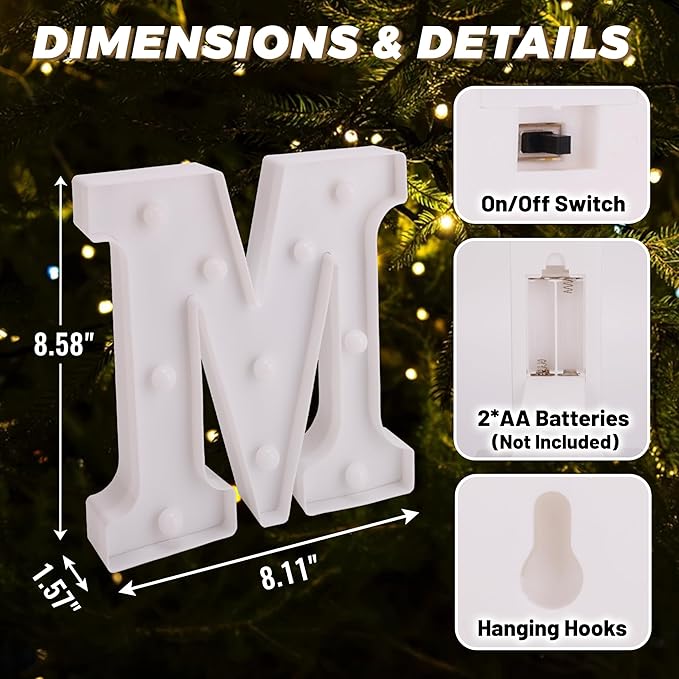 LED Light Up Marquee Letters, Battery Powered Decorative LED Letter Lights, Alphabet Light Up Letters for Wedding Birthday Party,Holiday Lamp or Home Bar Decoration (Letter M)