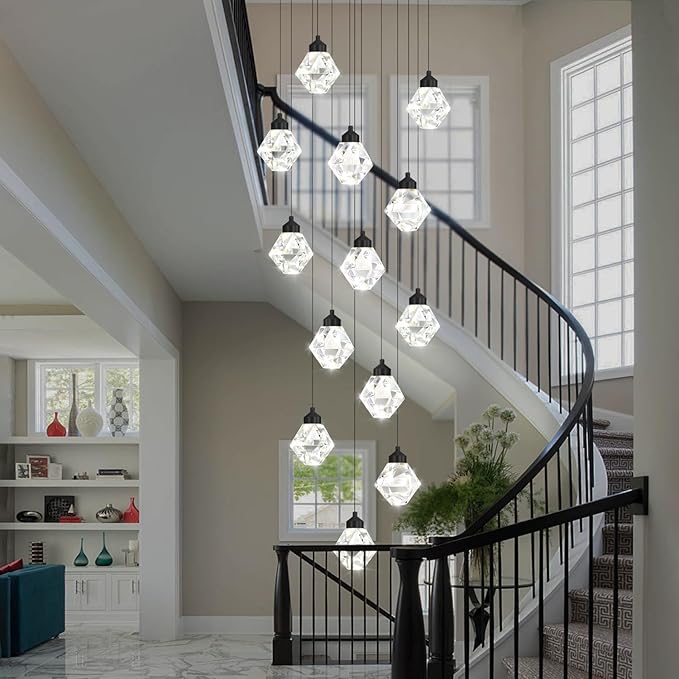 H138in Foyer Chandelier Staircase Chandeliers for High Ceiling Black Pendant Light Fixture 14-Lights Crystal Chandelier Lighting Fixture for Living Room Staircase Villa