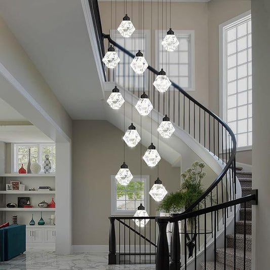H138in Foyer Chandelier Staircase Chandeliers for High Ceiling Black Pendant Light Fixture 14-Lights Crystal Chandelier Lighting Fixture for Living Room Staircase Villa
