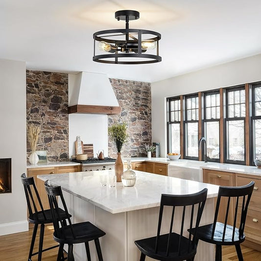 Farmhouse Semi Flush Mount Ceiling Lights, 2-Light Black Metal Cage Rustic Chandelier, Industrial Pendant Lighting for Hallway, Bedroom, Kitchen, Foyer, Living Room, Dining Room, Entryway