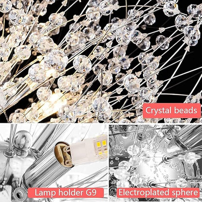 Yiisem Modern Crystal Chandeliers, 9-Light Chrome Dandelion Firework Pendant Lighting, Chandelier Light Fixtures for Dining Room Bedroom Living Room Restaurant Kitchen Hallway