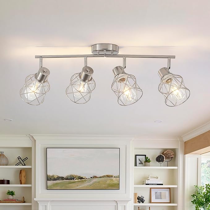 BUXVRCS Adjustable Multi-Directional Brushed Nickel Light Fixtures, Semi Flush Mount Ceiling Light, Kitchen Light Fixtures Ceiling Mount, Geometric Metal Cage Industrial Spotlight Fixtures