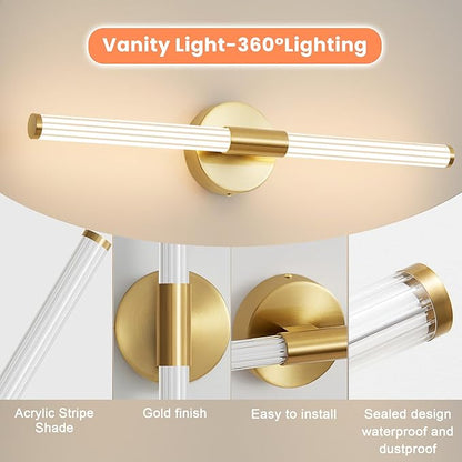 Gold Wall Sconces Set of Two Hardwired, Dimmable 5CCT LED Bathroom Light Fixtures Over Mirror, 360° Full Lighting 23 inch Vanity Light Bar Modern Wall Sconce for Bathroom Bedroom Living Room