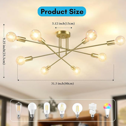Modern Sputnik Chandelier 8-Light Industrial Ceiling Lights Fixture 32" Gold Semi Flush Mount Ceiling Light with E26 Base Sputnik Lights Fixture for Dining Room Bedroom Foyer Hallway Living Room