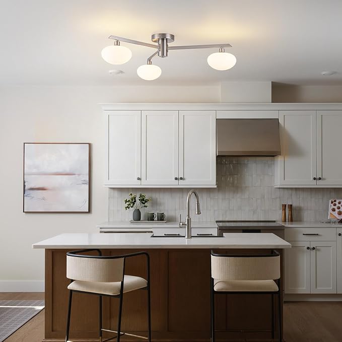 3-Light Mid Century Modern Ceiling Light 22.5" Brushed Nickel Semi Flush Mount Ceiling Light with Milk Glass Shade for Bedroom, Entryway, Hallway, Kitchen lsland, Dining Room & Living Room