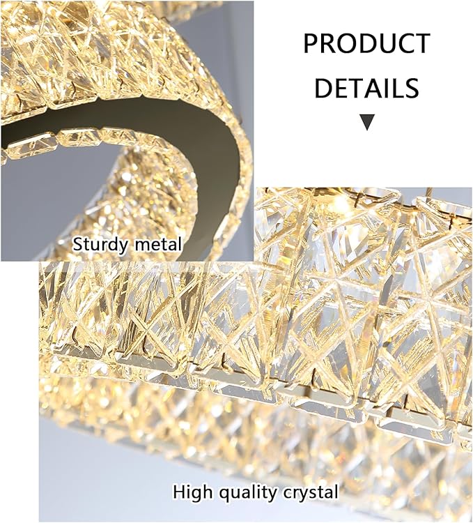 Modern Crystal Chandelier 15W LED Dimmable Lighting Fixture Adjustable Round Pendant Light for Dining Room Living Room Kitchen Bedroom Black