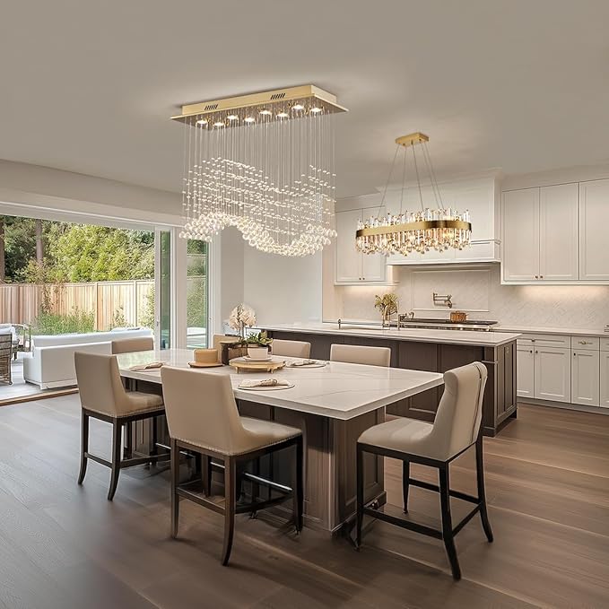 Siljoy Rectangular Gold Crystal Chandelier for Dining Room, 8-Light Modern Wave Raindrop Crystal Chandelier for Living Room Kitchen Island L31.5'' x W11.8'' x H32.2''