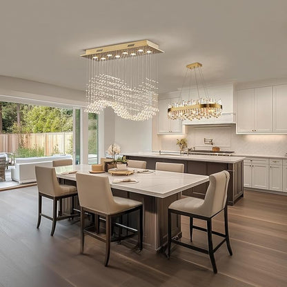 Siljoy Rectangular Gold Crystal Chandelier for Dining Room, 8-Light Modern Wave Raindrop Crystal Chandelier for Living Room Kitchen Island L31.5'' x W11.8'' x H32.2''