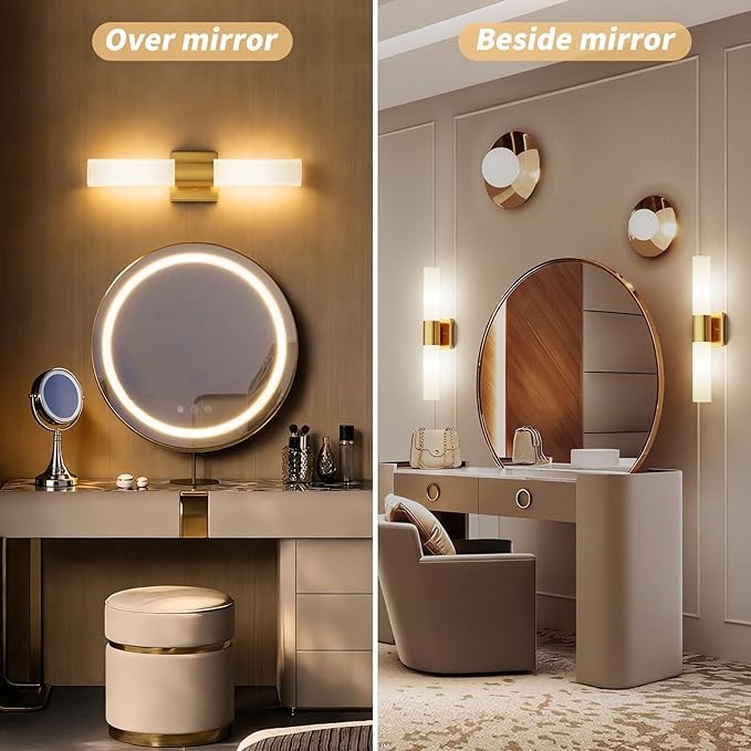 Kalium Bathroom Wall Sconces Set of Two, 21 Inch Modern Vanity Lights with Frosted Glass Shade, Bathrooms Vanity Lighting Fixtures for Mirror Bedroom Living Room Hallway (Gold)