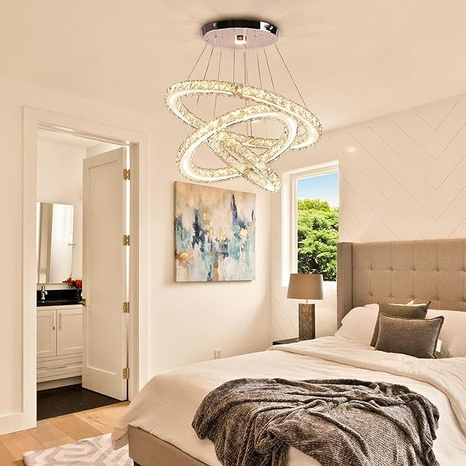 Modern Chandeliers Crystal Ceiling Light 3 Rings Dimmable LED Pendant Light Fixture Ceiling Hanging for Living Room Dining Room Bedroom Kitchen 250mm Base 209 Crystals(Dimmable)