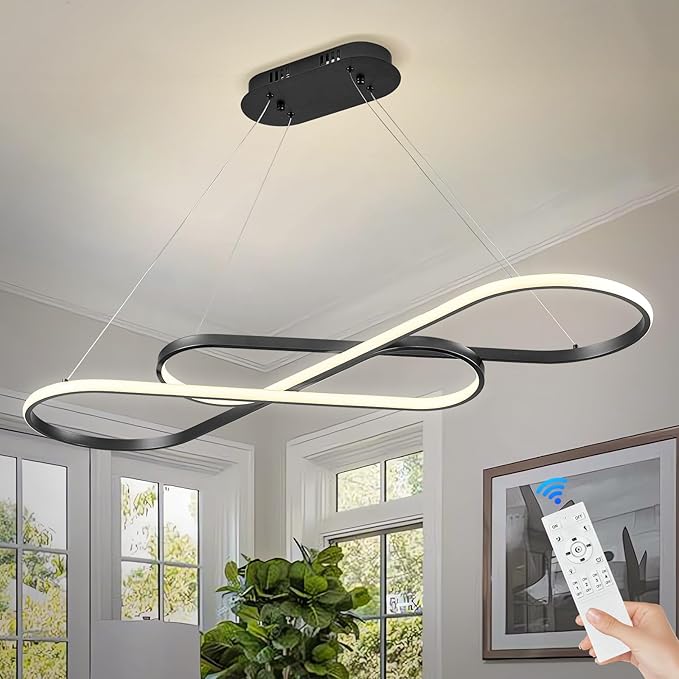 Modern LED Chandelier Black Dimmable LED Pendant Light for Dining Room Light Fixture Over Table Modern Kitchen Island Lighting High Ceiling with Remote for Living Room(42 Inch, 3000K-6500K)