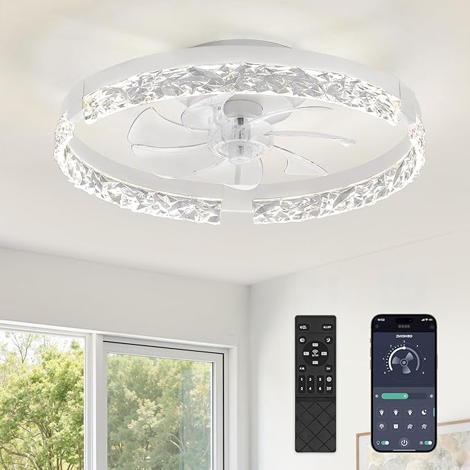 ZMISHIBO 19.7" Ceiling Fans with Lights, Low Profile Ceiling Fan and Remote, Flush Mount Ceiling Fans, Stepless Dimmable LED Light, White Fixtures for Bedroom, Living Room