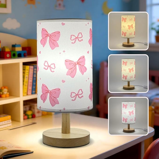 Pink Bow Table Lamp, Girls for Bedroom Bedside Lamp, 3-Way Dimmable Nightstand Night Light with Linen Fabric Shade Solid Wood Base for Kids Room Home Office or Living Decor, Birthday Gifts for Girls