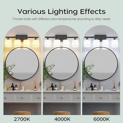 PARTPHONER Bathroom Light Fixtures, Bathroom Lighting Fixtures Over Mirror, Interior Classic Vanity Lights, Modern Vanity Light with Textured White Glass Shade, Matte Black, 4-Light