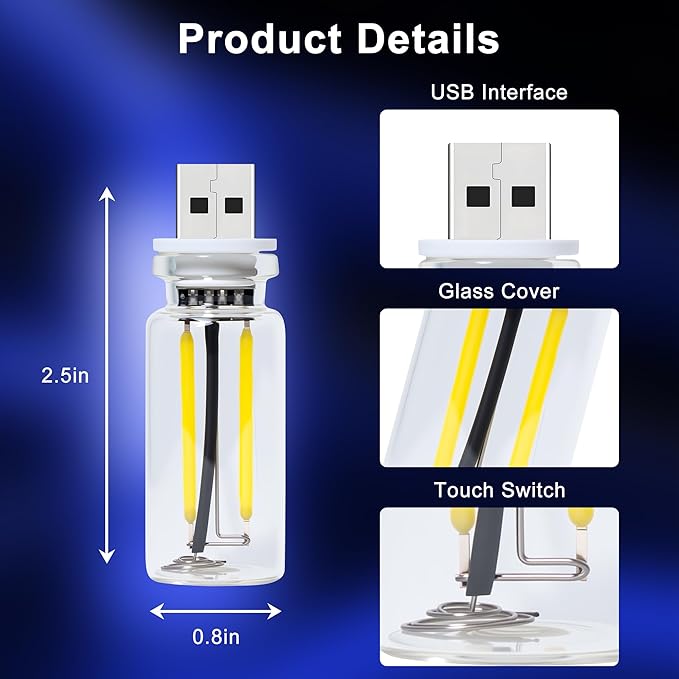 2 Packs USB Light for Car, Touch Dimmable Car Interior Ambient Lights - Portable Mini USB LED Light Bulb, Retro Glass Bottle Night Light for Vehicle, Bedroom, Hallway, Camping (Blue)