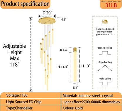 118'' Modern Glam Crystal Column Chandelier for High Ceiling LED Dimmable Pendant Light Staircase Foyer Enterway Living Room Ceiling Chandelier Lighting Gold 12 Lights