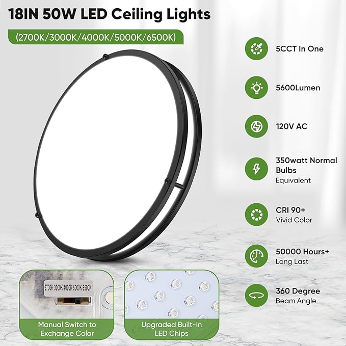 18inch 50W LED Flush Mount Ceiling Lights 5600lm Super Bright, Dimmable LED Ceiling Light Fixtures 2700K-6500K 5CCT Adjusted, 2-Pack Modern Black Light Fixture Ceiling for Living Room Bedroom Kitchen