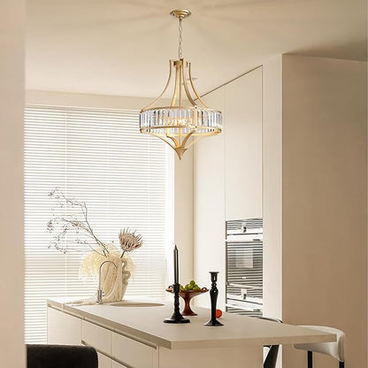 Crystal Chandeliers for Dining Room 21.6" Rustic Farmhouse Chandelier with Round Metal Shade 6-Light Large Gold Dining Room Light Fixture for Kitchen, Hallway, Bedroom, Foyer